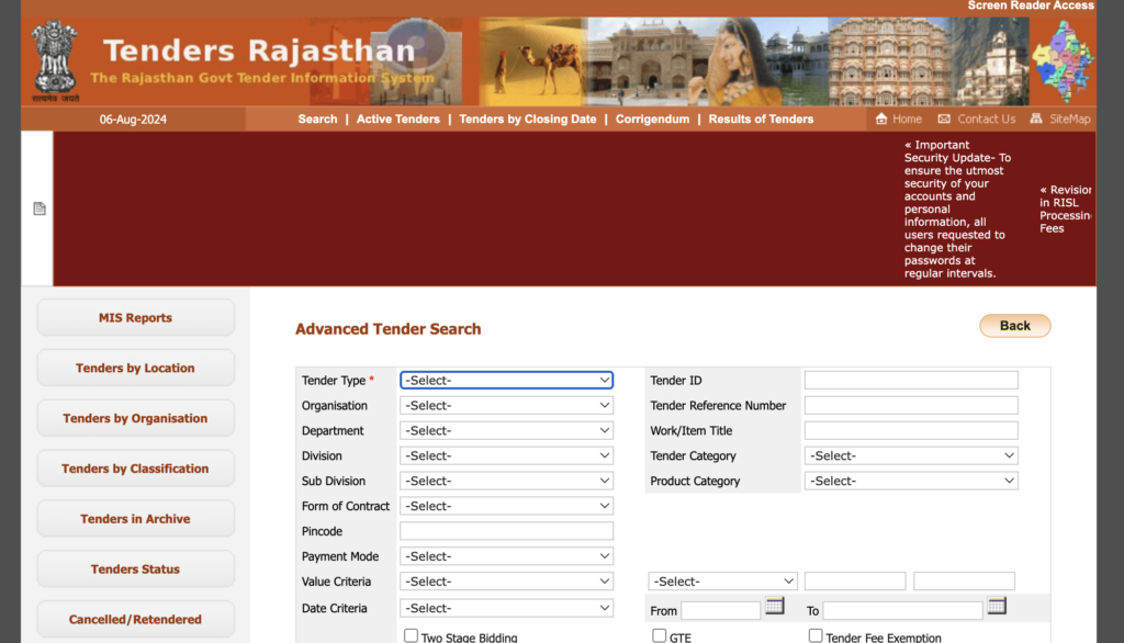 Tender on Eproc Rajasthan